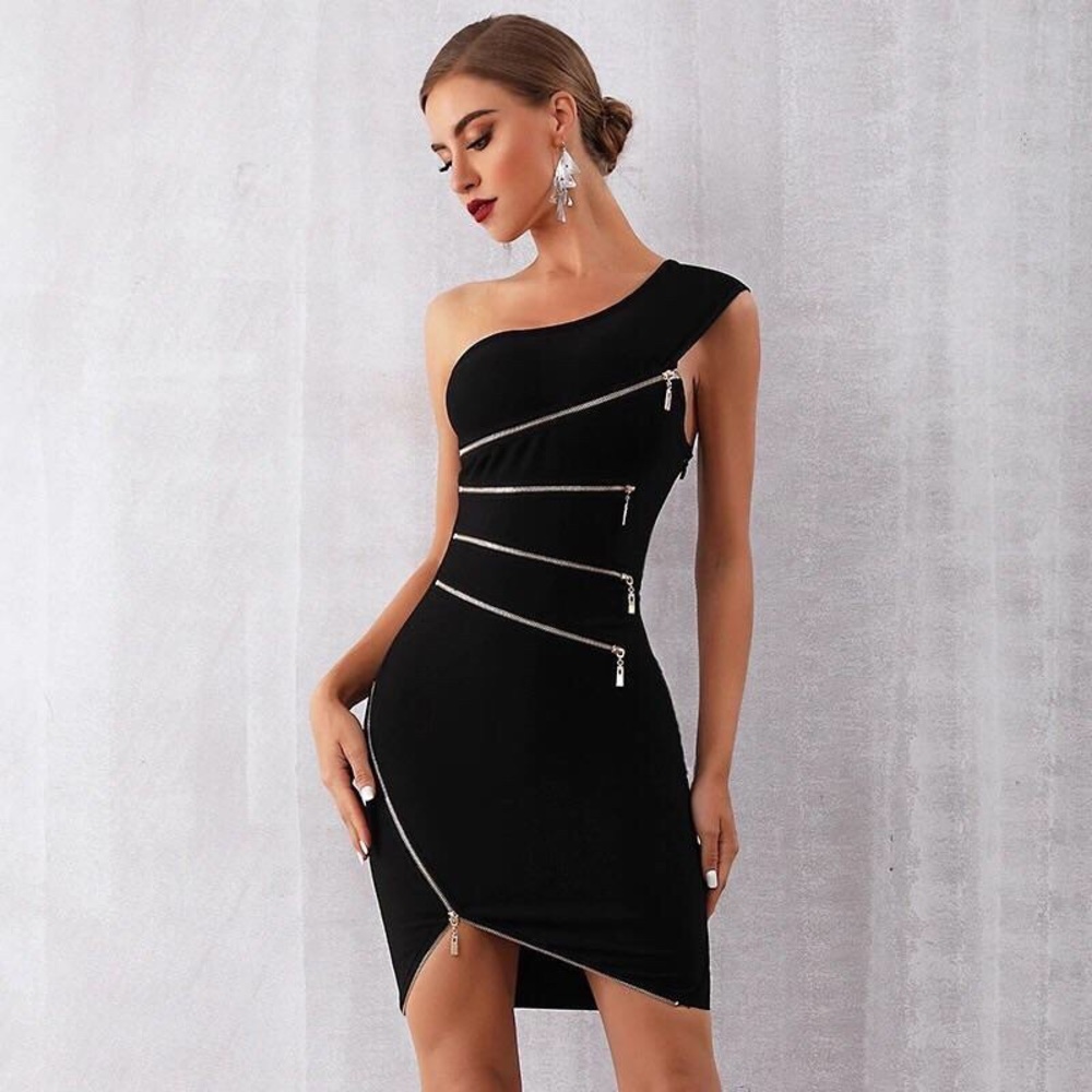 Zippered One Shoulder Bandage Dress - Picture 3 of 7